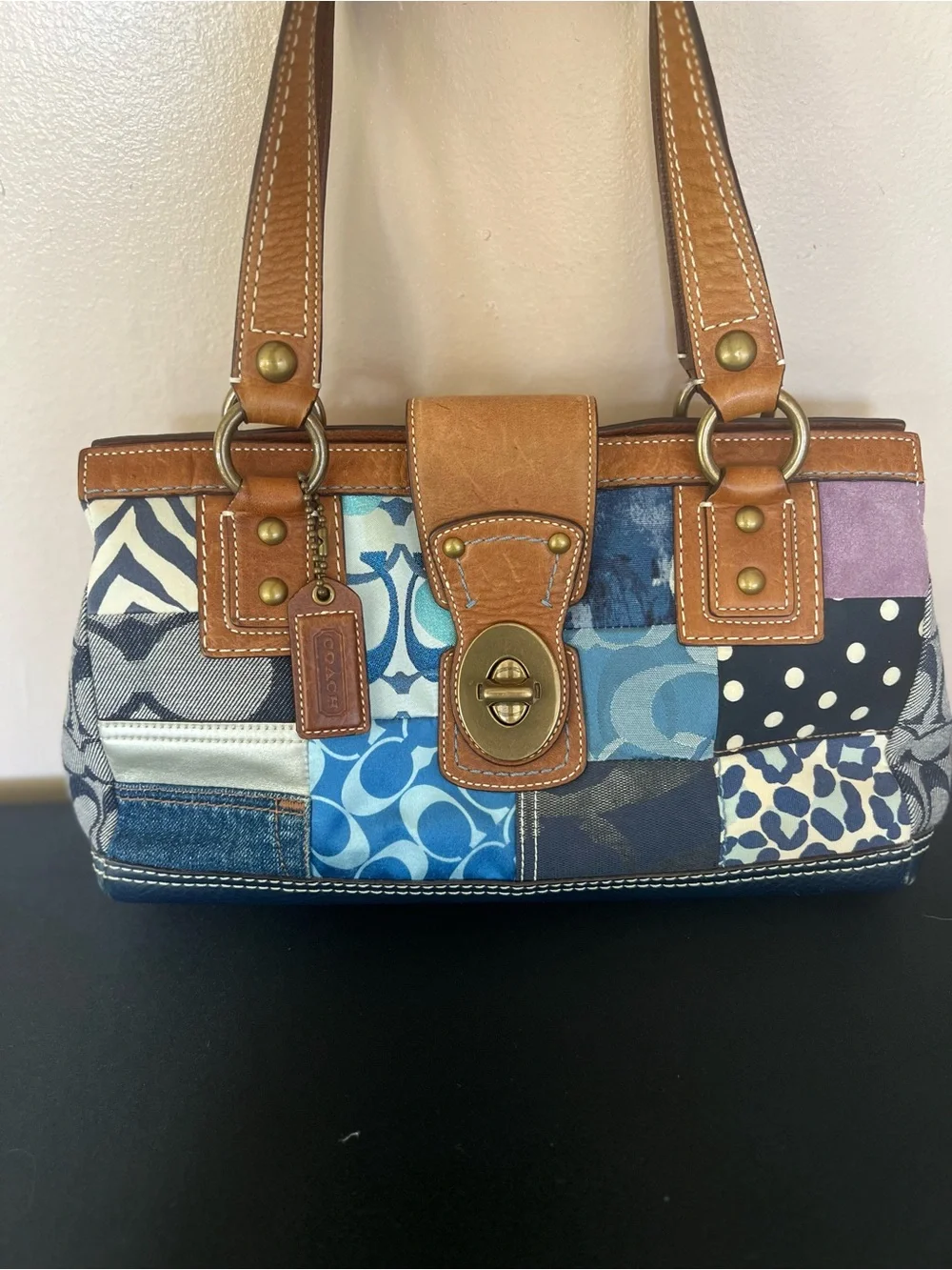 Coach Blue Patchwork Shoulder Bag with Brown Leather Trim